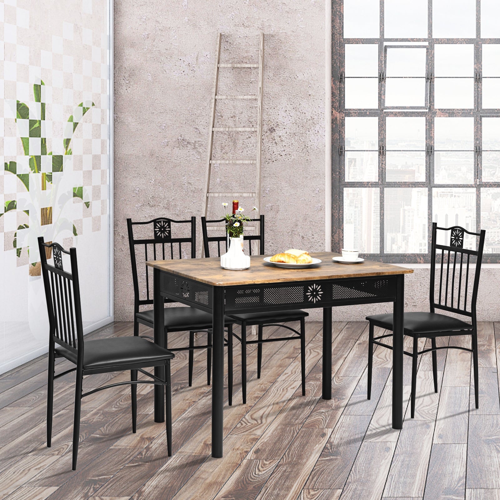 5 Pcs Dining Set Wood Metal Table and 4 Chairs with Cushions, Black Dining Room Sets at Gallery Canada