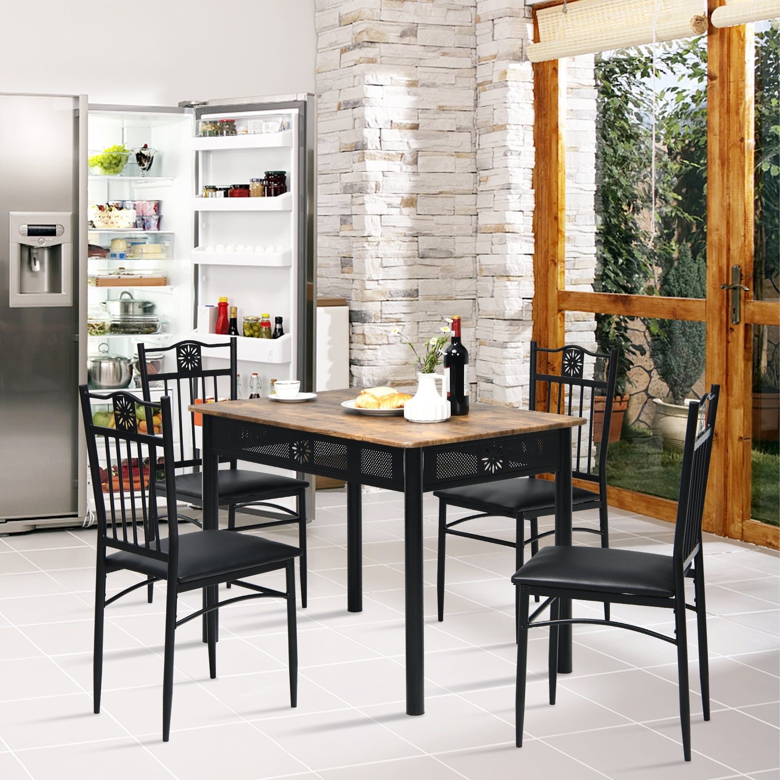 5 Pcs Dining Set Wood Metal Table and 4 Chairs with Cushions, Black Dining Room Sets at Gallery Canada