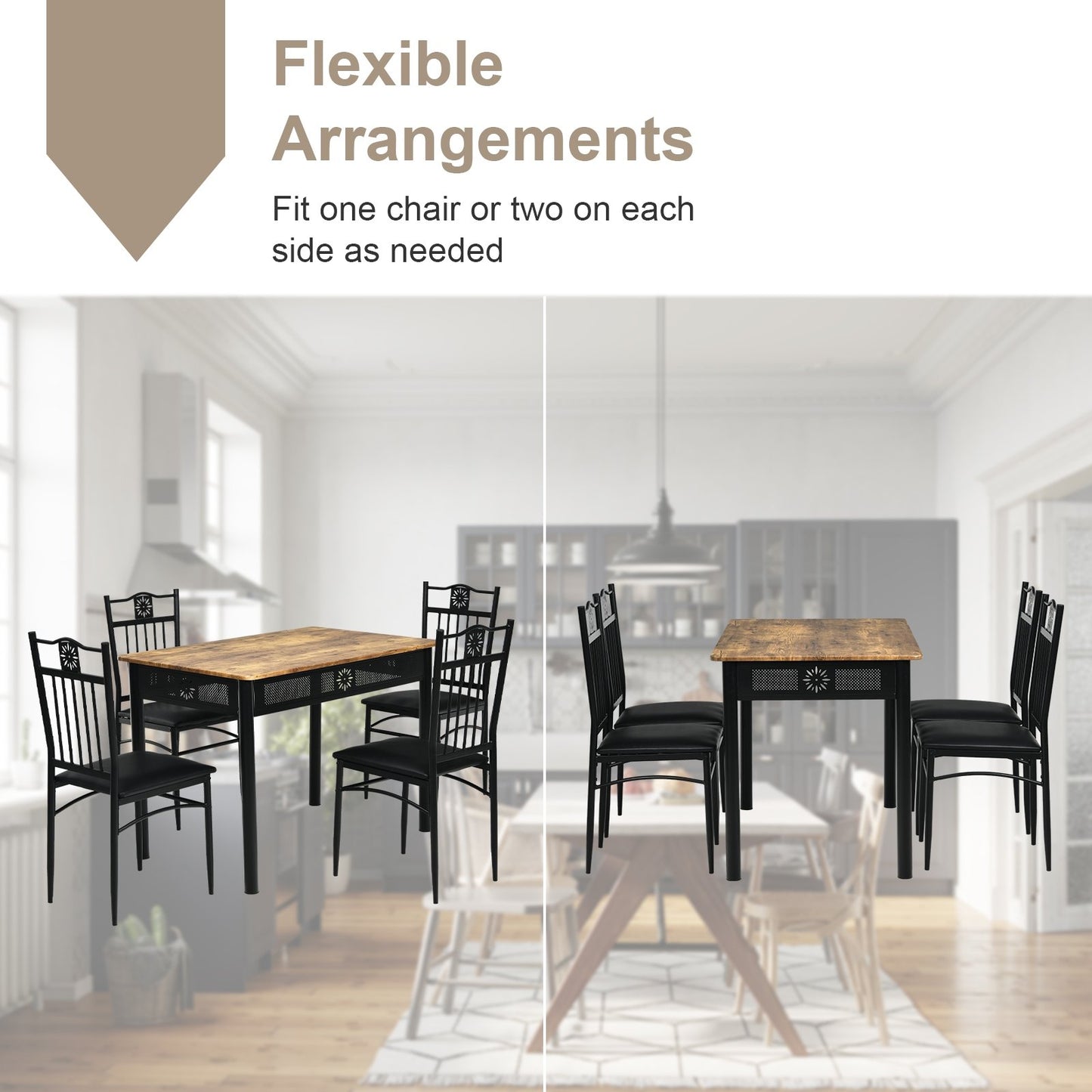 5 Pcs Dining Set Wood Metal Table and 4 Chairs with Cushions, Black - Gallery Canada