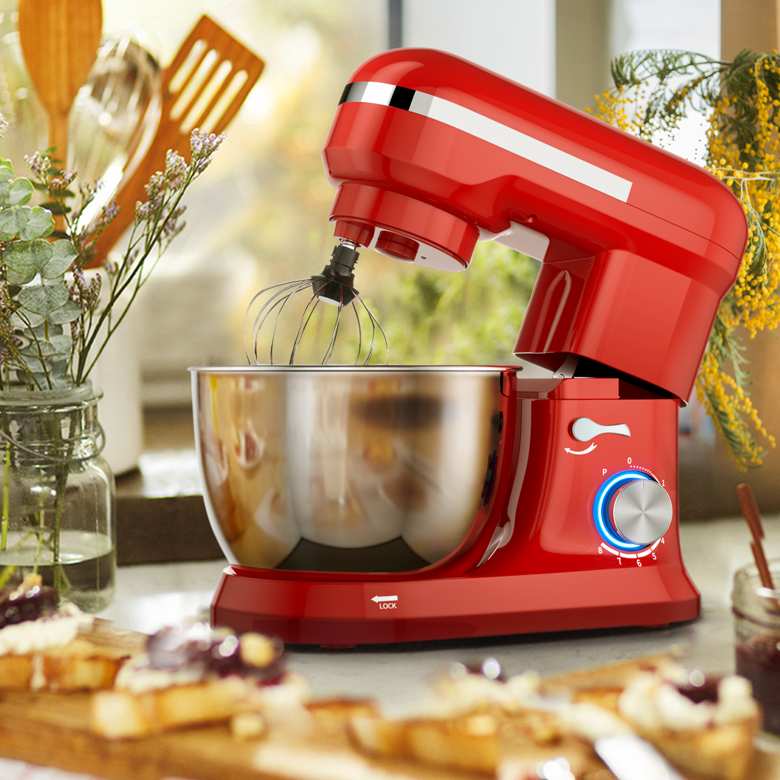 4.8 Qt 8-speed Electric Food Mixer with Dough Hook Beater, Red - Gallery Canada