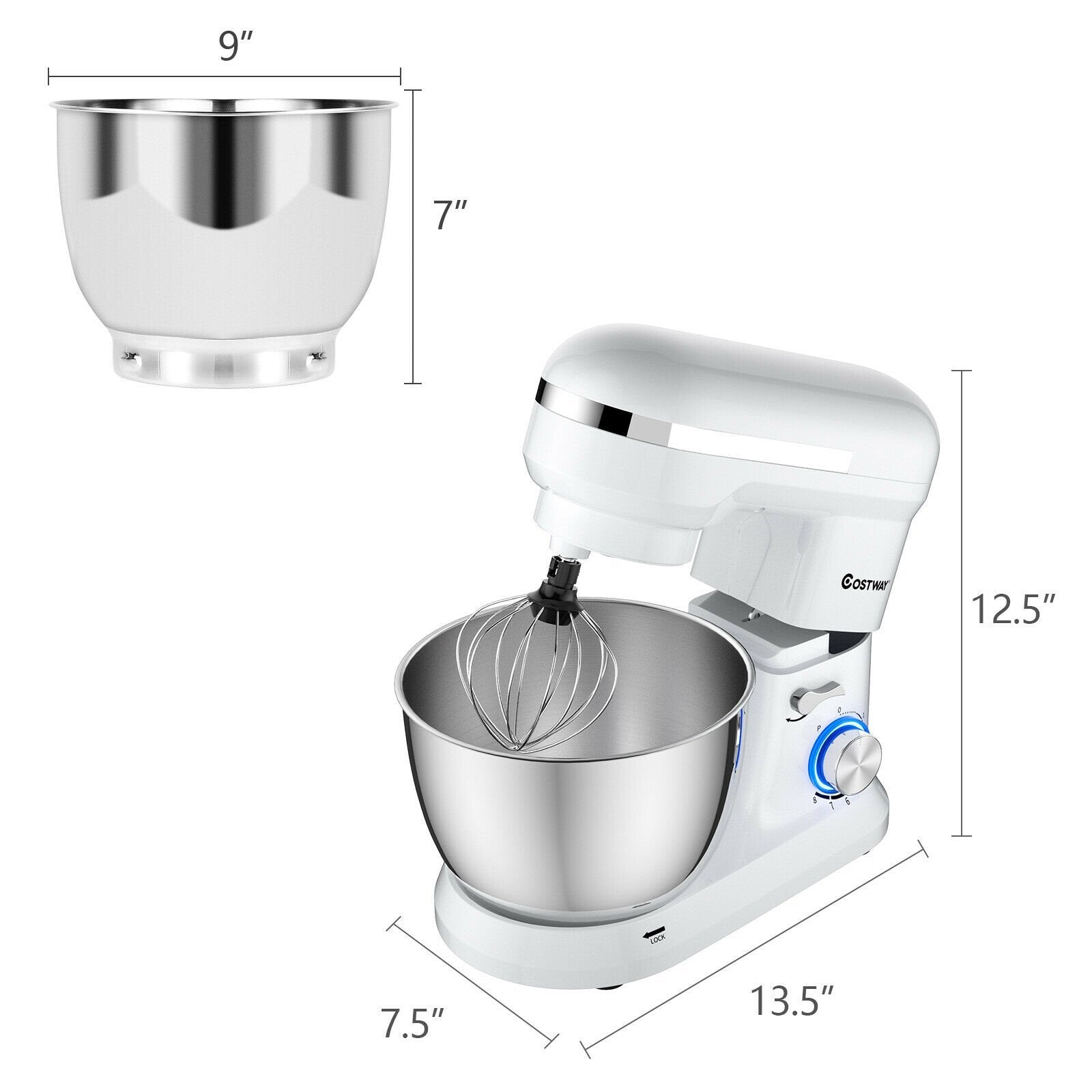 4.8 Qt 8-speed Electric Food Mixer with Dough Hook Beater, White - Gallery Canada