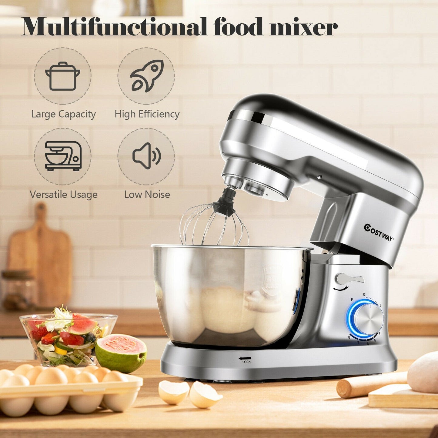 4.8 Qt 8-speed Electric Food Mixer with Dough Hook Beater, Silver - Gallery Canada