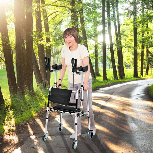 Folding Auxiliary Walker Rollator with Brakes Flip-Up Seat Bag Multifunction, Silver - Gallery Canada