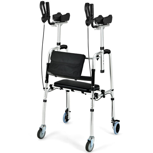 Folding Auxiliary Walker Rollator with Brakes Flip-Up Seat Bag Multifunction, Silver