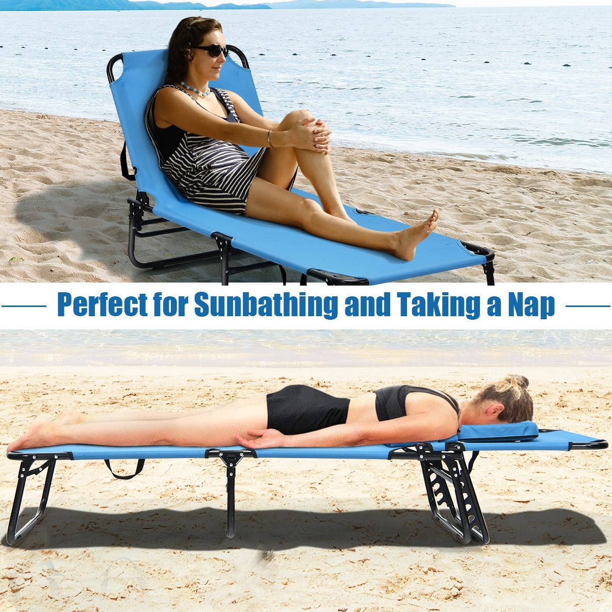 Outdoor Folding Chaise Beach Pool Patio Lounge Chair Bed with Adjustable Back and Hole, Blue - Gallery Canada