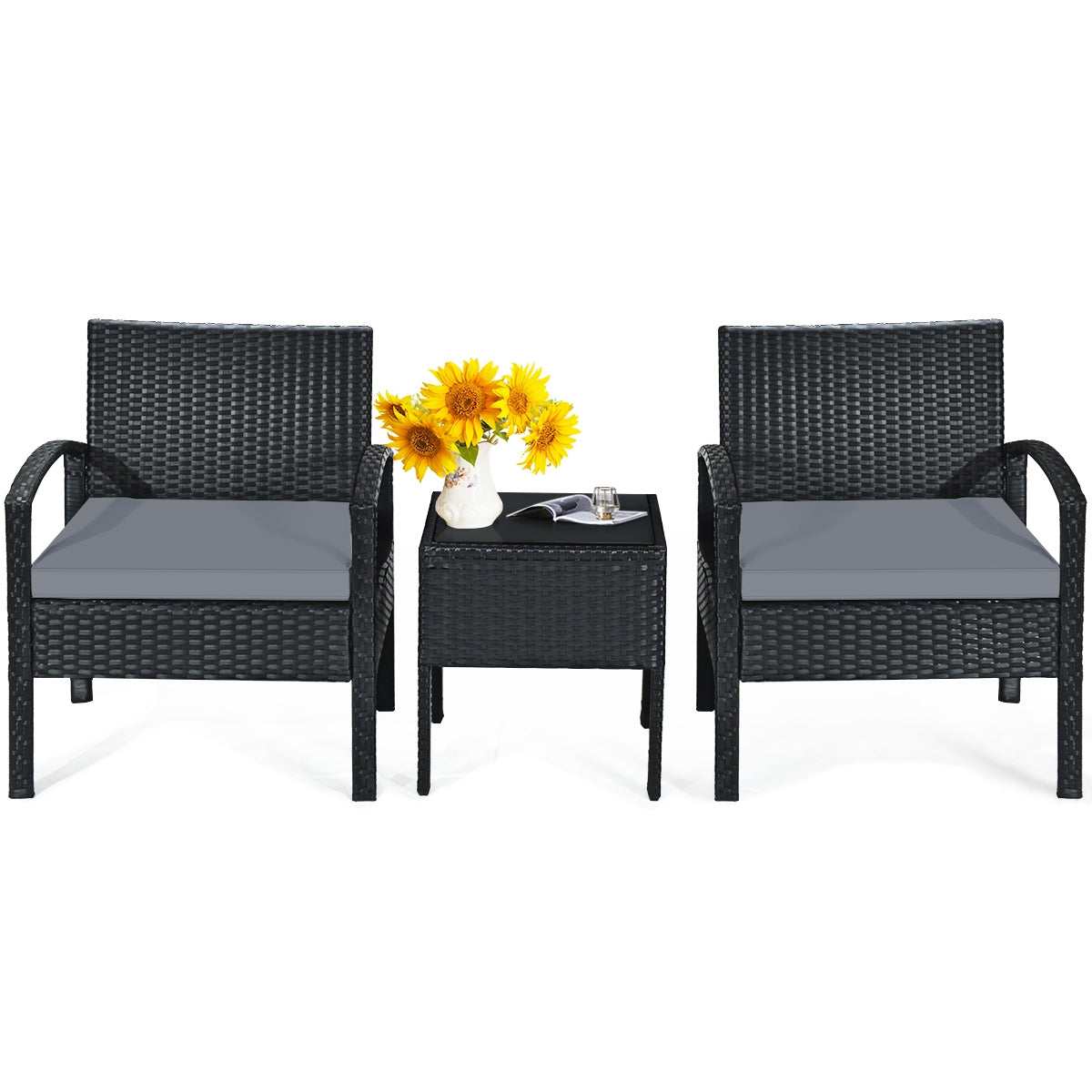 3 Pieces Outdoor Rattan Patio Conversation Set with Seat Cushions, Gray Patio Conversation Sets at Gallery Canada