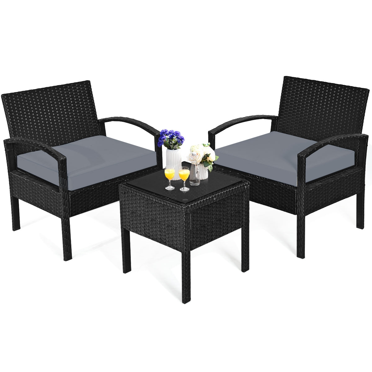 3 Pieces Outdoor Rattan Patio Conversation Set with Seat Cushions, Gray Patio Conversation Sets at Gallery Canada