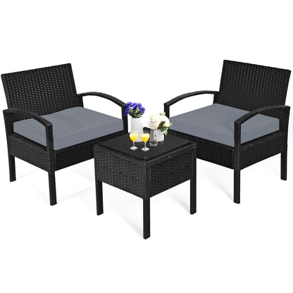 3 Pieces Outdoor Rattan Patio Conversation Set with Seat Cushions, Gray Patio Conversation Sets at Gallery Canada