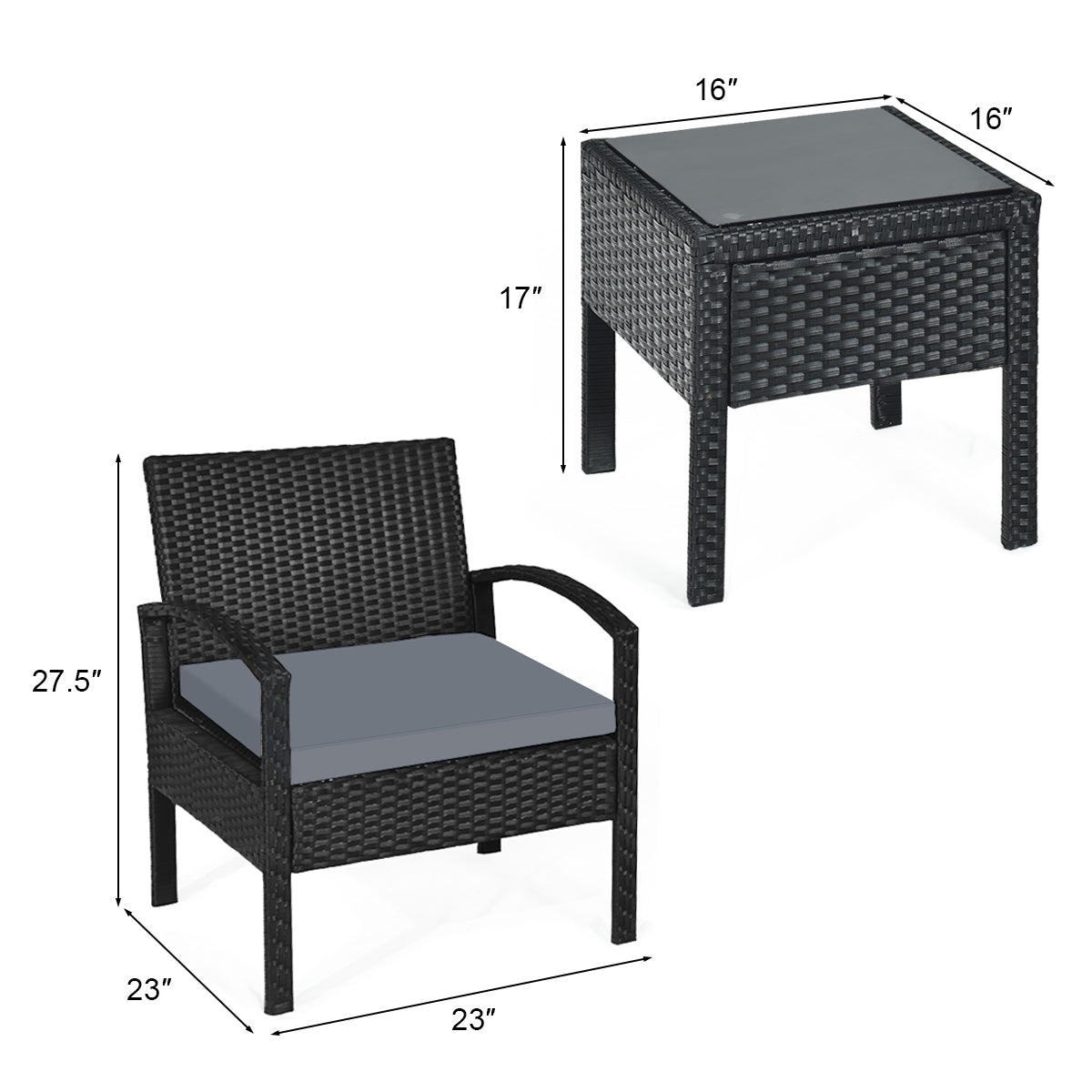3 Pieces Outdoor Rattan Patio Conversation Set with Seat Cushions, Gray Patio Conversation Sets at Gallery Canada