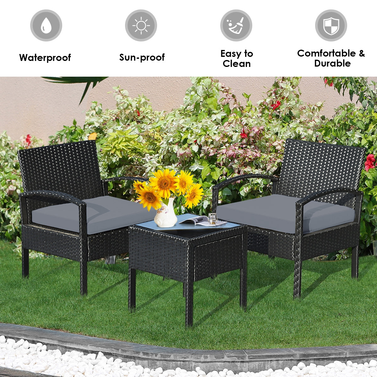 3 Pieces Outdoor Rattan Patio Conversation Set with Seat Cushions, Gray Patio Conversation Sets at Gallery Canada