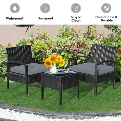 3 Pieces Outdoor Rattan Patio Conversation Set with Seat Cushions, Gray Patio Conversation Sets at Gallery Canada