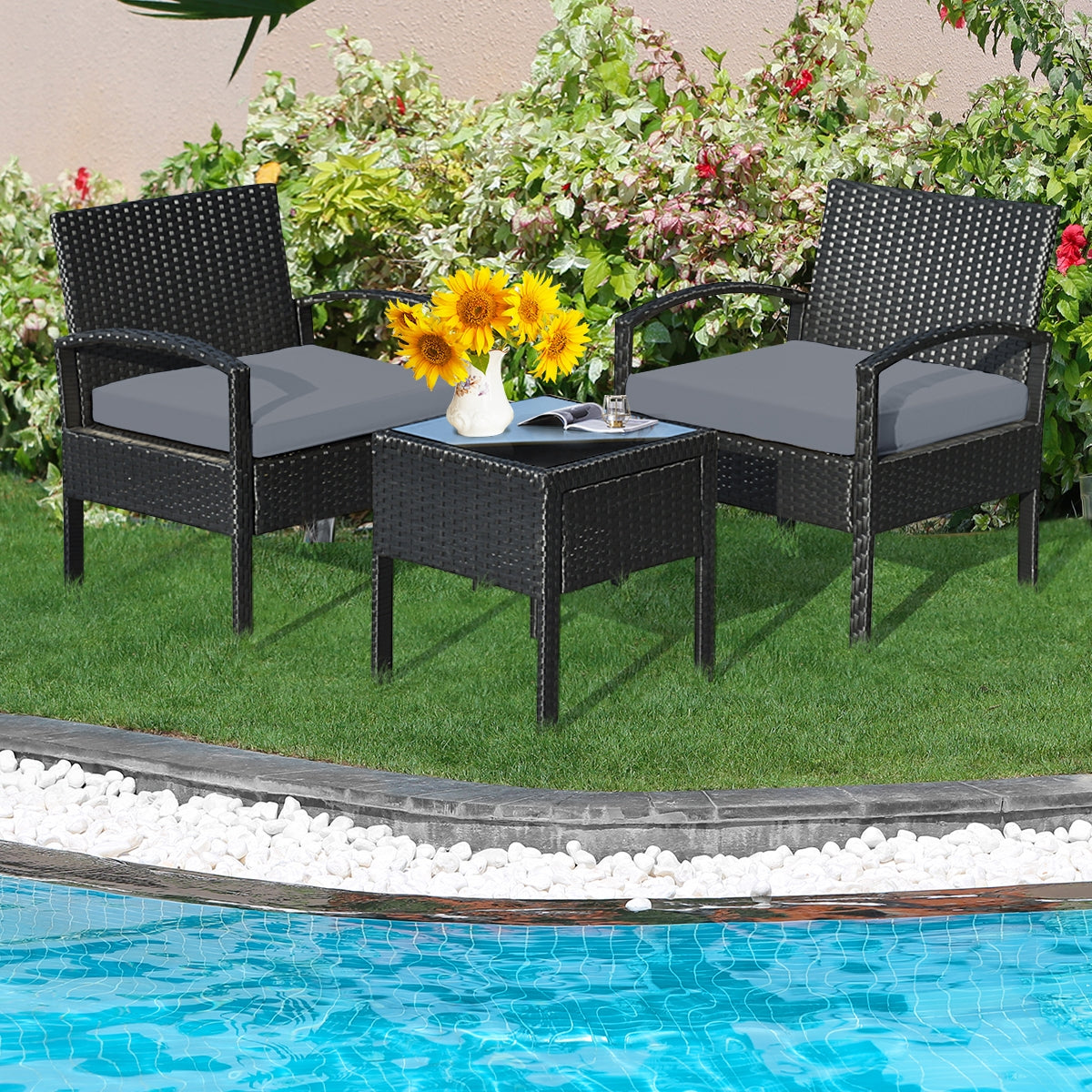 3 Pieces Outdoor Rattan Patio Conversation Set with Seat Cushions, Gray Patio Conversation Sets at Gallery Canada
