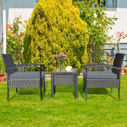 3 Pieces Outdoor Rattan Patio Conversation Set with Seat Cushions, Gray Patio Conversation Sets at Gallery Canada