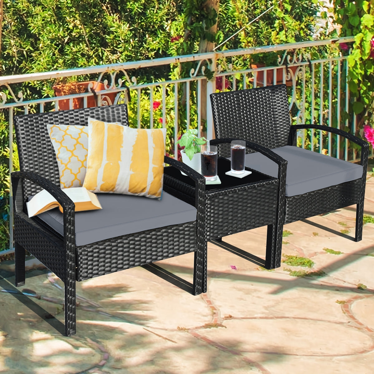 3 Pieces Outdoor Rattan Patio Conversation Set with Seat Cushions, Gray Patio Conversation Sets at Gallery Canada