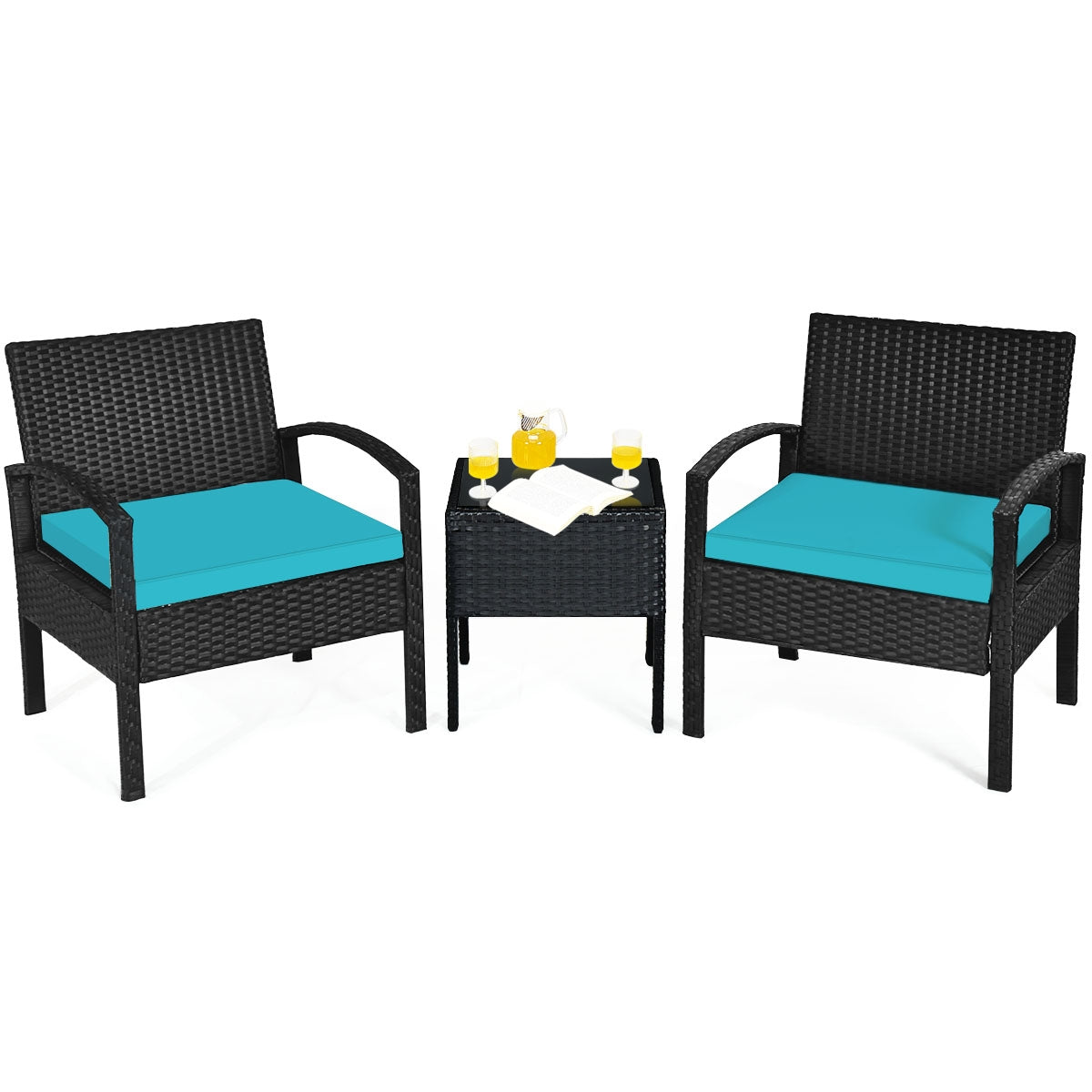 3 Pieces Outdoor Rattan Patio Conversation Set with Seat Cushions, Turquoise Patio Conversation Sets at Gallery Canada