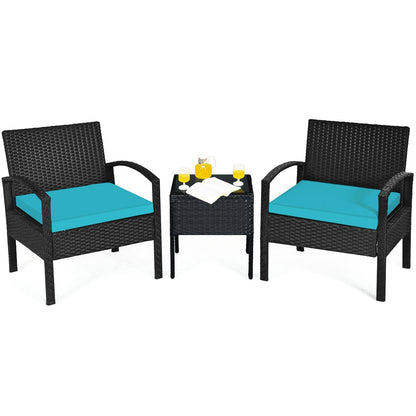 3 Pieces Outdoor Rattan Patio Conversation Set with Seat Cushions, Turquoise Patio Conversation Sets at Gallery Canada