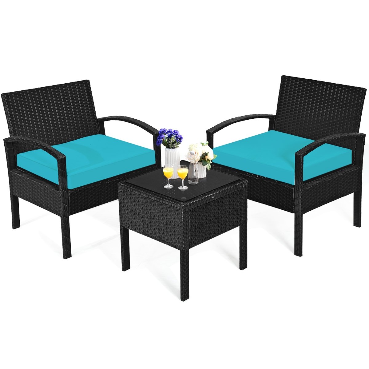 3 Pieces Outdoor Rattan Patio Conversation Set with Seat Cushions, Turquoise Patio Conversation Sets at Gallery Canada