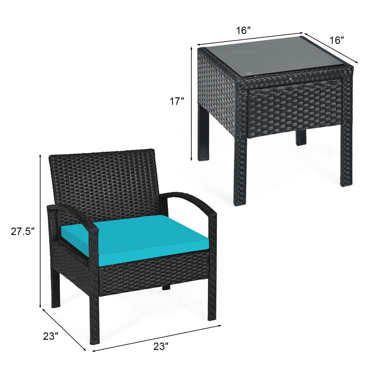 3 Pieces Outdoor Rattan Patio Conversation Set with Seat Cushions, Turquoise Patio Conversation Sets at Gallery Canada