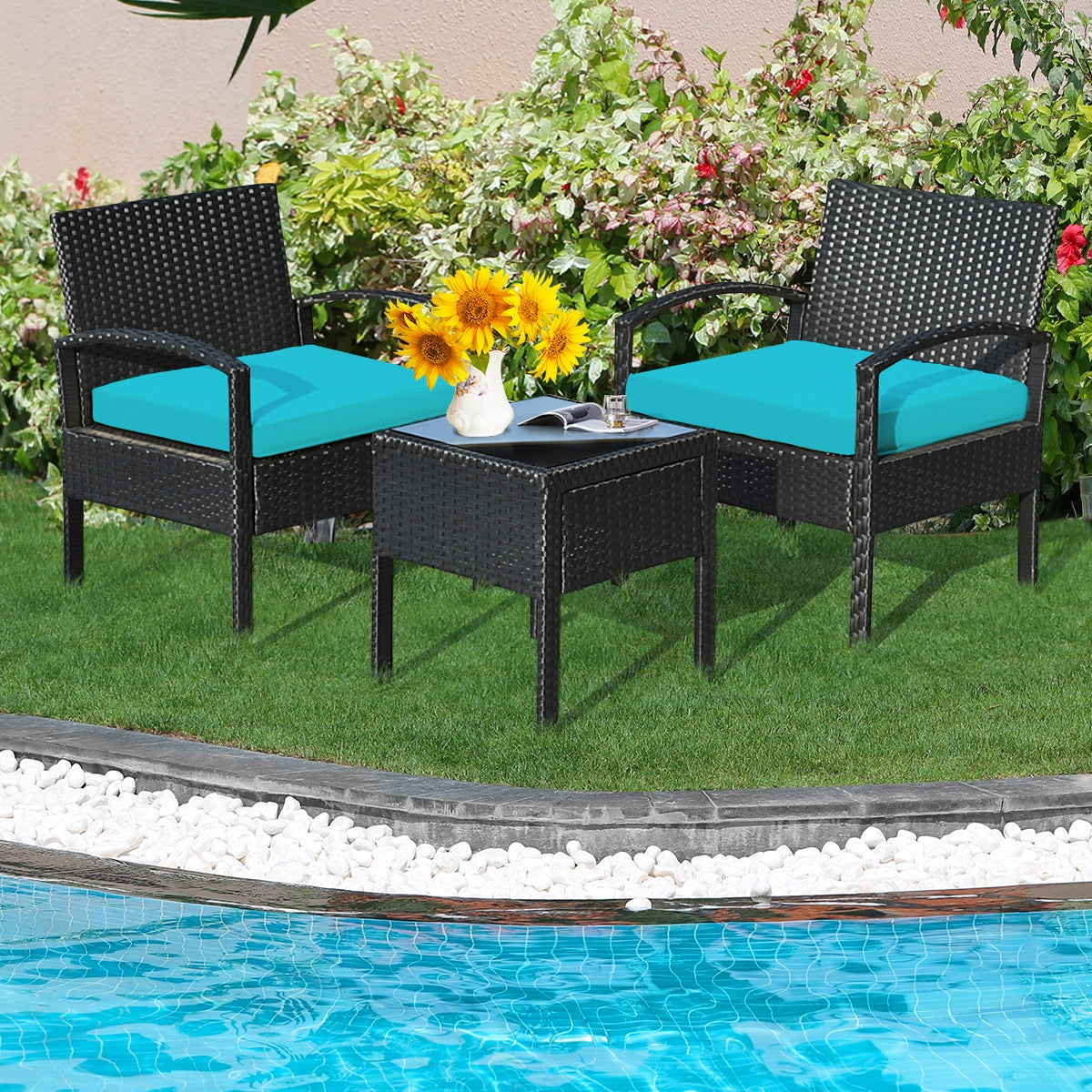 3 Pieces Outdoor Rattan Patio Conversation Set with Seat Cushions, Turquoise Patio Conversation Sets at Gallery Canada