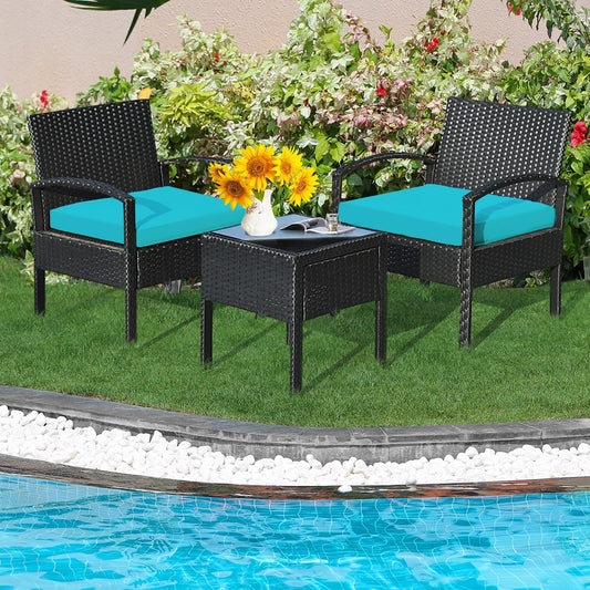 3 Pieces Outdoor Rattan Patio Conversation Set with Seat Cushions, Turquoise - Gallery Canada
