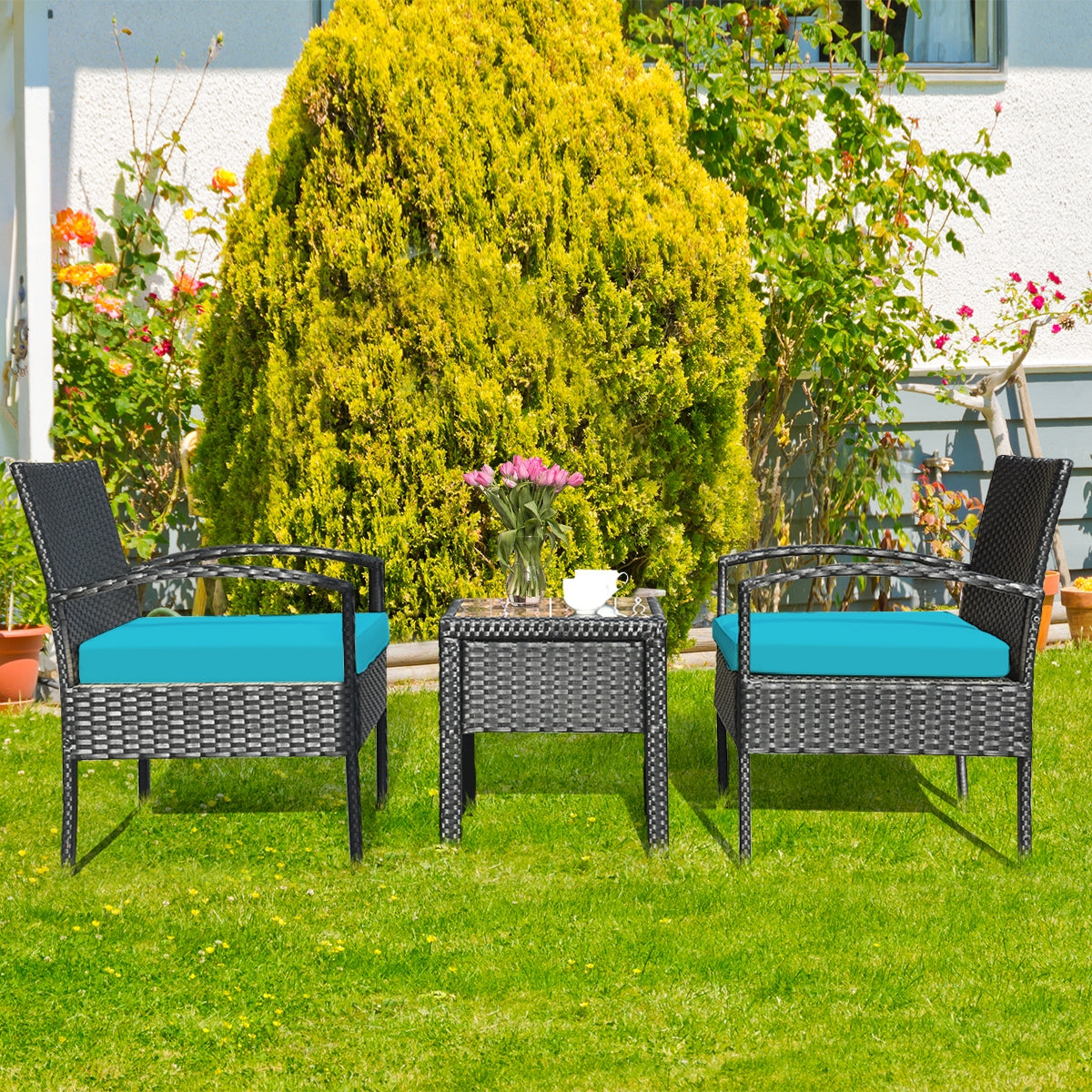 3 Pieces Outdoor Rattan Patio Conversation Set with Seat Cushions, Turquoise Patio Conversation Sets at Gallery Canada