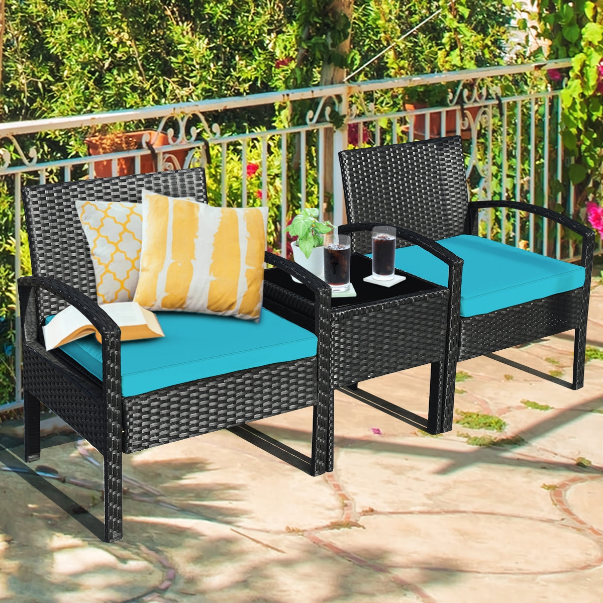3 Pieces Outdoor Rattan Patio Conversation Set with Seat Cushions, Turquoise Patio Conversation Sets at Gallery Canada