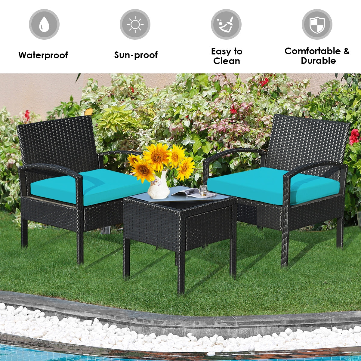 3 Pieces Outdoor Rattan Patio Conversation Set with Seat Cushions, Turquoise Patio Conversation Sets at Gallery Canada