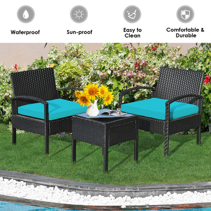 3 Pieces Outdoor Rattan Patio Conversation Set with Seat Cushions, Turquoise Patio Conversation Sets at Gallery Canada