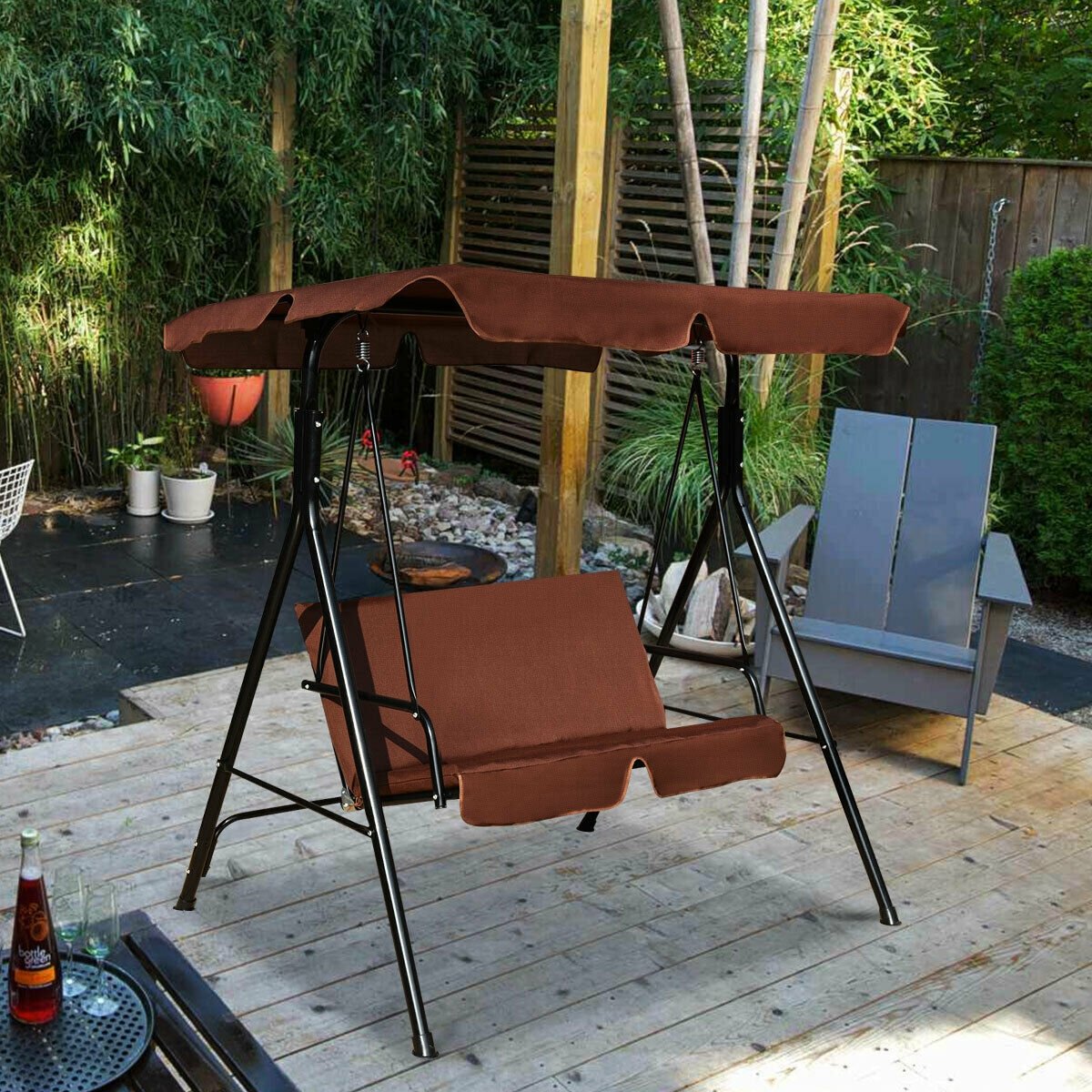 Loveseat Cushioned Patio Steel Frame Swing Glider, Brown - Gallery Canada