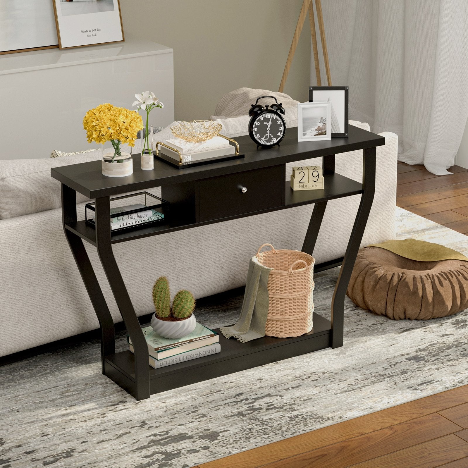 Modern Sofa Accent Table with Drawer, Black - Gallery Canada