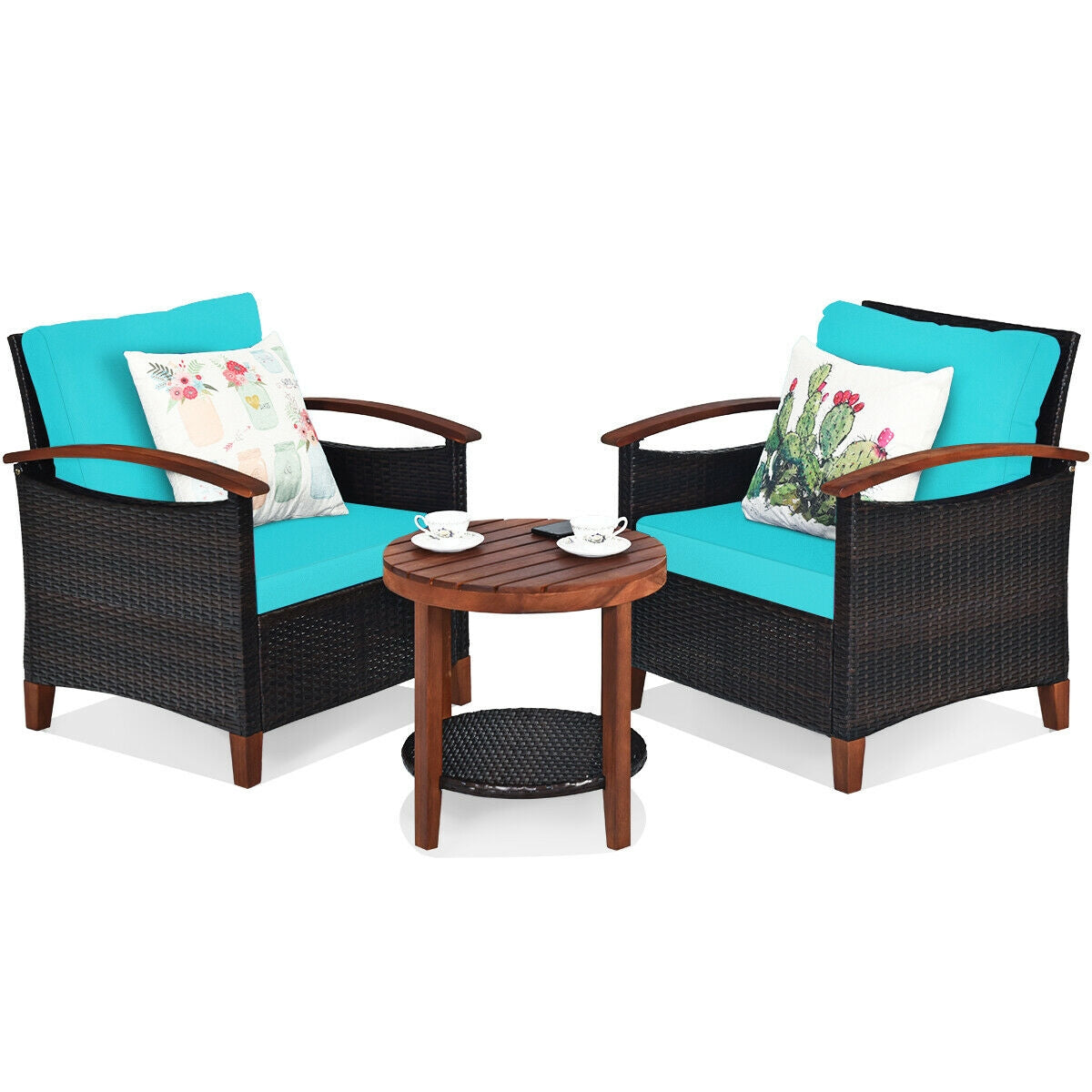 3 Pcs Solid Wood Frame Patio Rattan Furniture Set, Turquoise Patio Conversation Sets at Gallery Canada