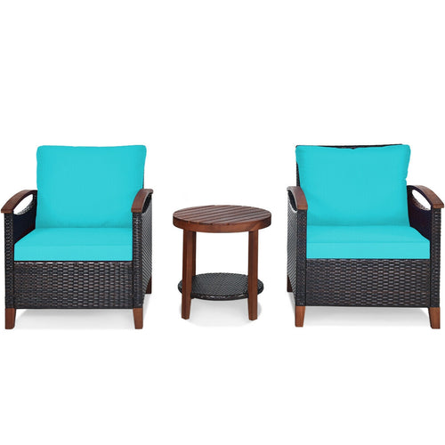 3 Pc Solid Wood Frame Patio Rattan Furniture Set, Turquoise