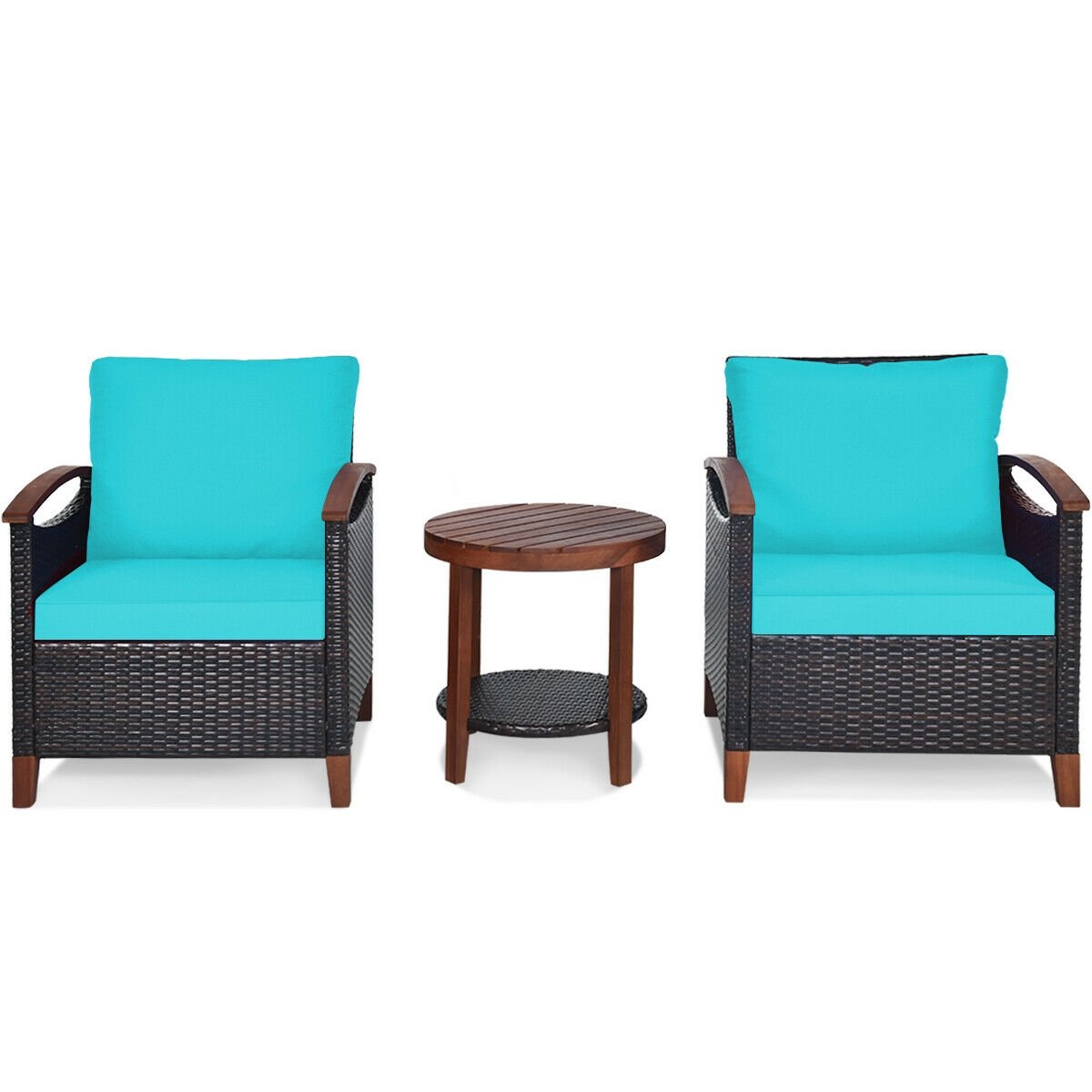 3 Pcs Solid Wood Frame Patio Rattan Furniture Set, Turquoise Patio Conversation Sets Turquoise at Gallery Canada