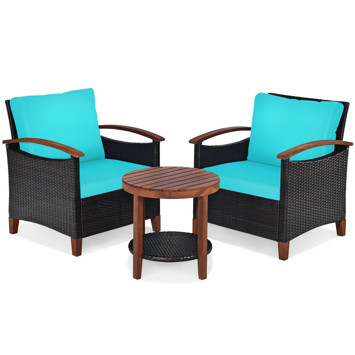 3 Pcs Solid Wood Frame Patio Rattan Furniture Set, Turquoise Patio Conversation Sets at Gallery Canada