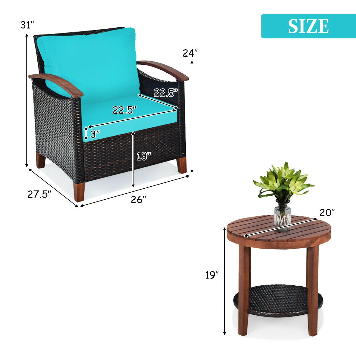 3 Pcs Solid Wood Frame Patio Rattan Furniture Set, Turquoise Patio Conversation Sets at Gallery Canada