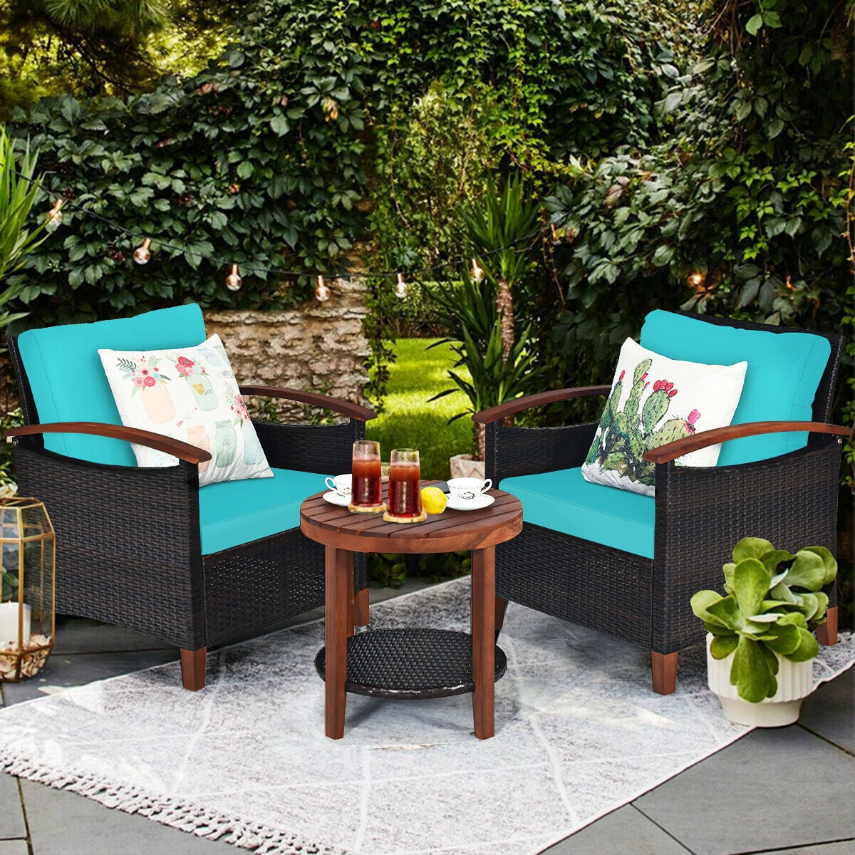 3 Pcs Solid Wood Frame Patio Rattan Furniture Set, Turquoise Patio Conversation Sets at Gallery Canada