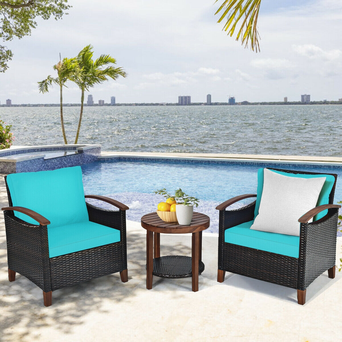 3 Pc Solid Wood Frame Patio Rattan Furniture Set, Turquoise Patio Conversation Sets at Gallery Canada