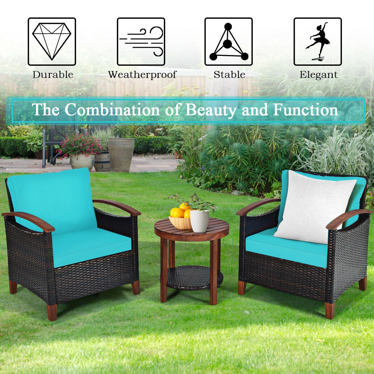 3 Pcs Solid Wood Frame Patio Rattan Furniture Set, Turquoise Patio Conversation Sets at Gallery Canada