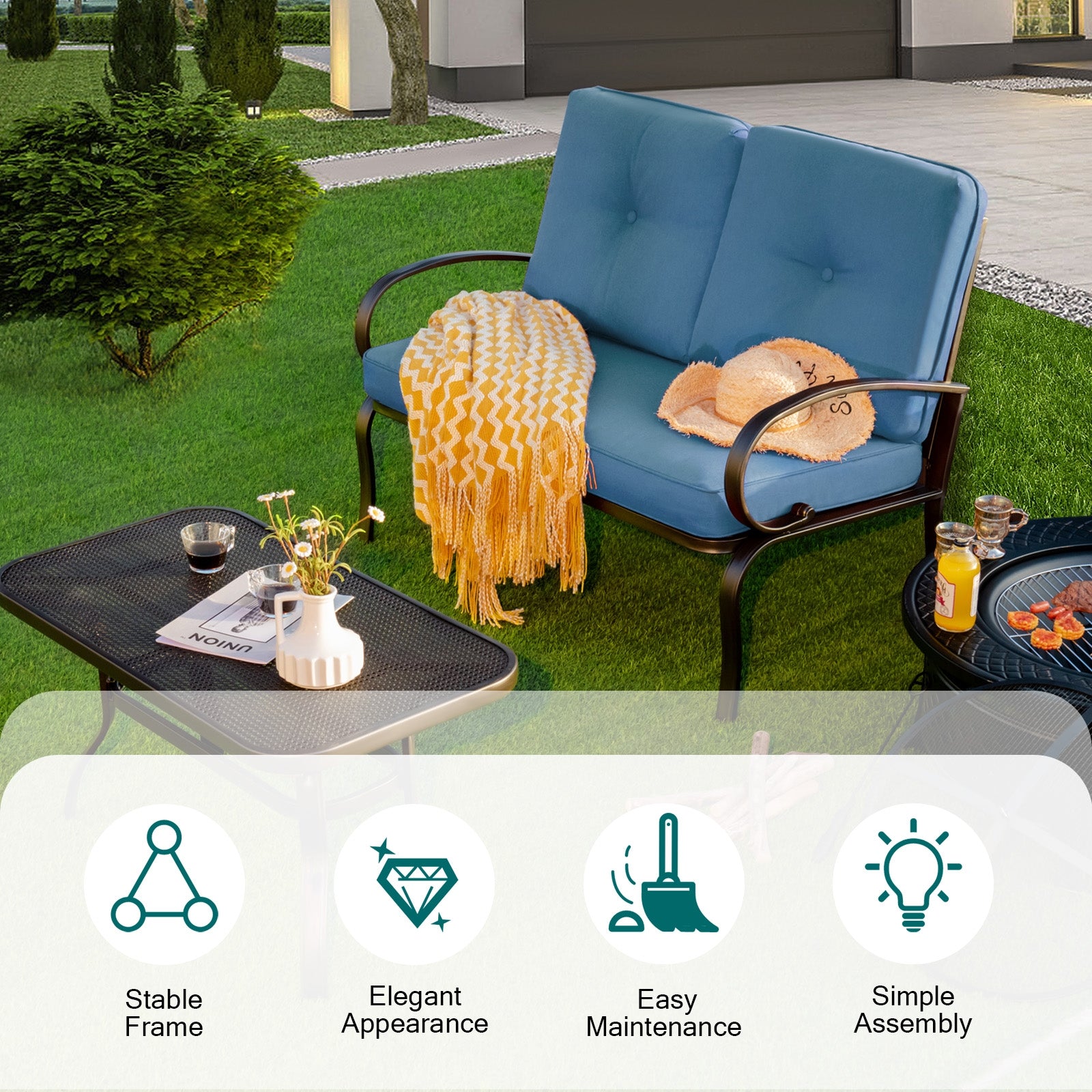 2 Pieces Patio Outdoor Cushioned Coffee Table Seat, Blue Patio Conversation Sets at Gallery Canada