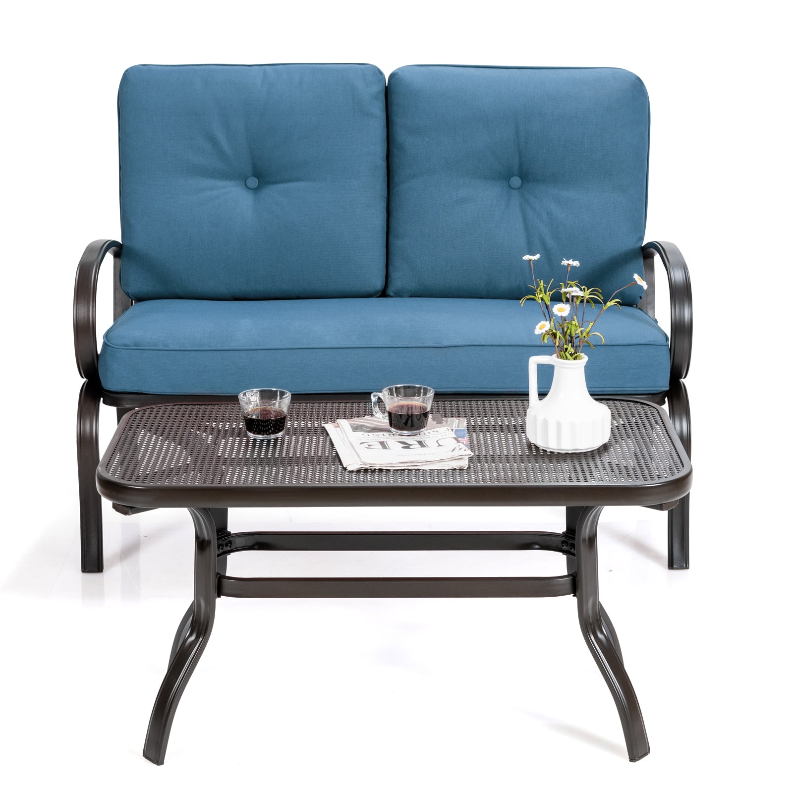 2 Pieces Patio Outdoor Cushioned Coffee Table Seat, Blue Patio Conversation Sets at Gallery Canada