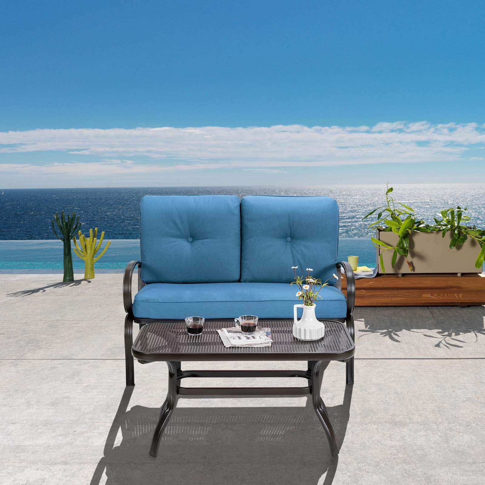 2 Pieces Patio Outdoor Cushioned Coffee Table Seat, Blue Patio Conversation Sets at Gallery Canada