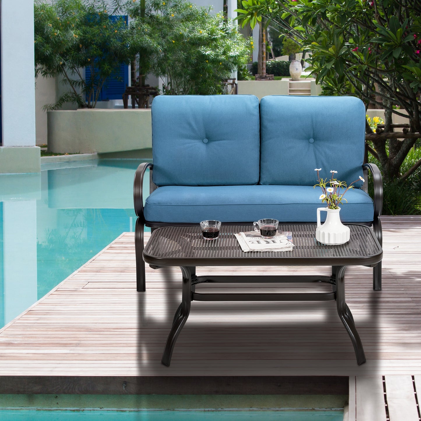 2 Pieces Patio Outdoor Cushioned Coffee Table Seat, Blue Patio Conversation Sets at Gallery Canada