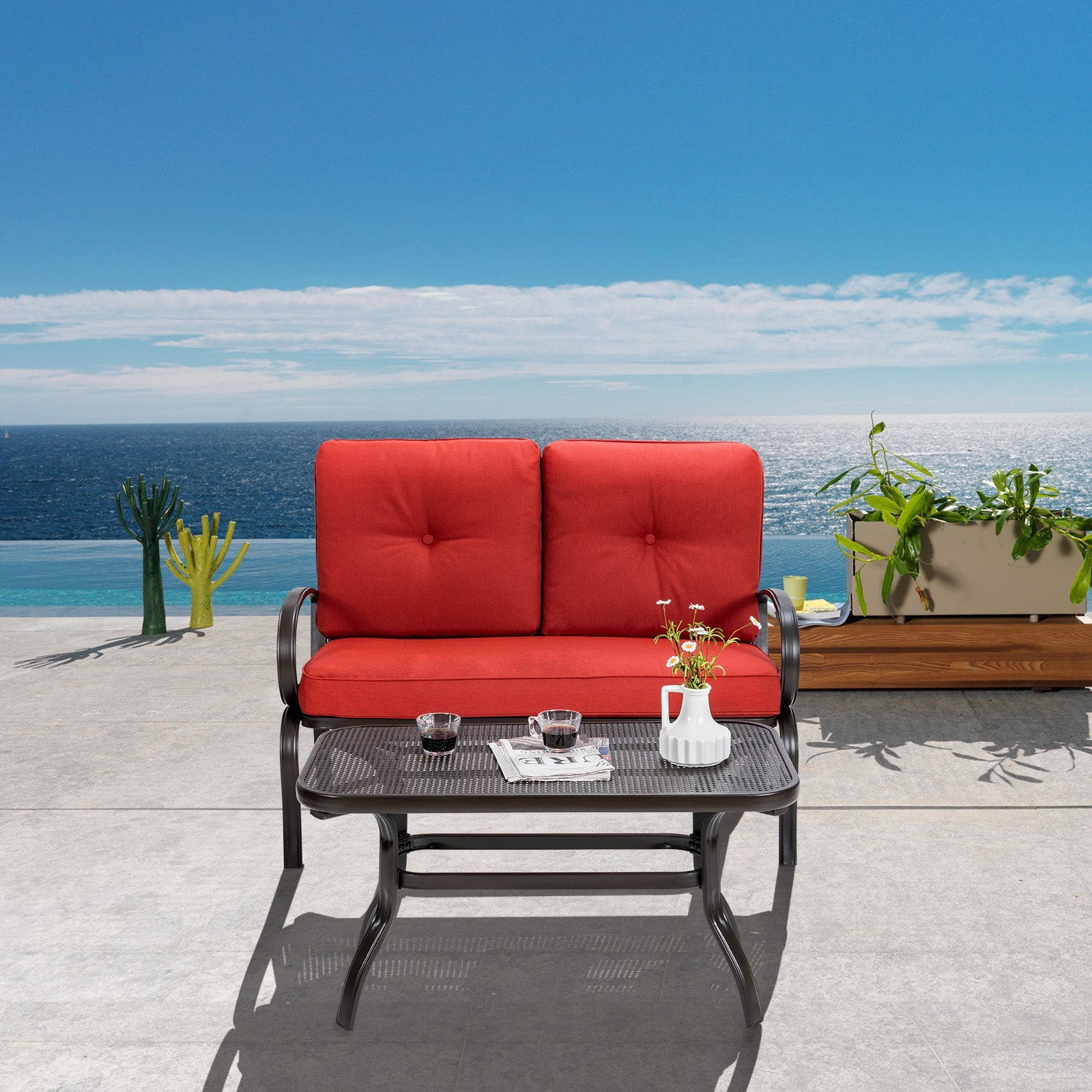 2 Pieces Patio Outdoor Cushioned Coffee Table Seat, Red Patio Conversation Sets at Gallery Canada