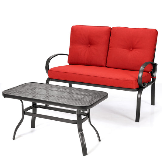 2 Piece Patio Outdoor Cushioned Coffee Table Seat, Red