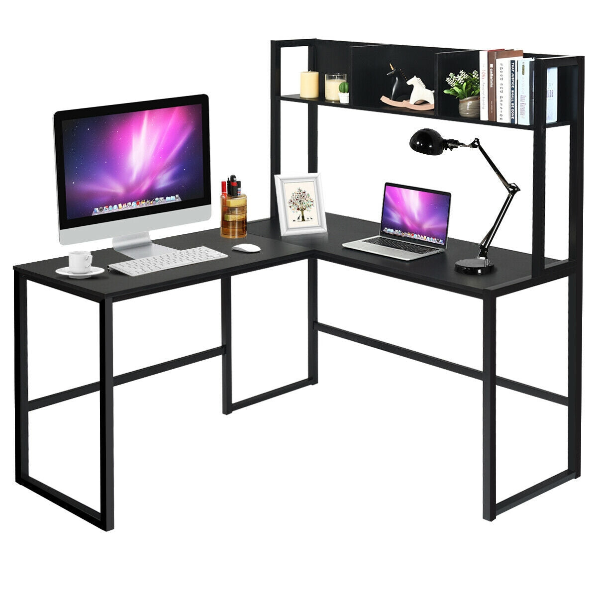 Industrial L-Shaped Desk Bookshelf 55 Inch Corner Computer Gaming Table, Black L-Shaped Desks at Gallery Canada