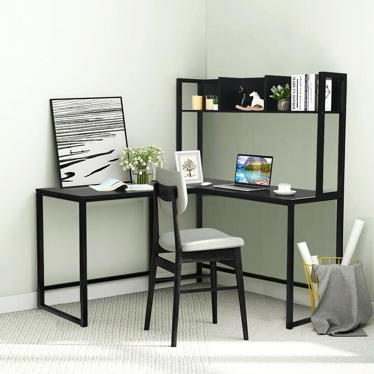 Industrial L-Shaped Desk Bookshelf 55 Inch Corner Computer Gaming Table, Black L-Shaped Desks at Gallery Canada