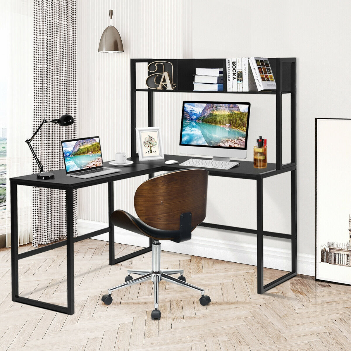 Industrial L-Shaped Desk Bookshelf 55 Inch Corner Computer Gaming Table, Black L-Shaped Desks at Gallery Canada