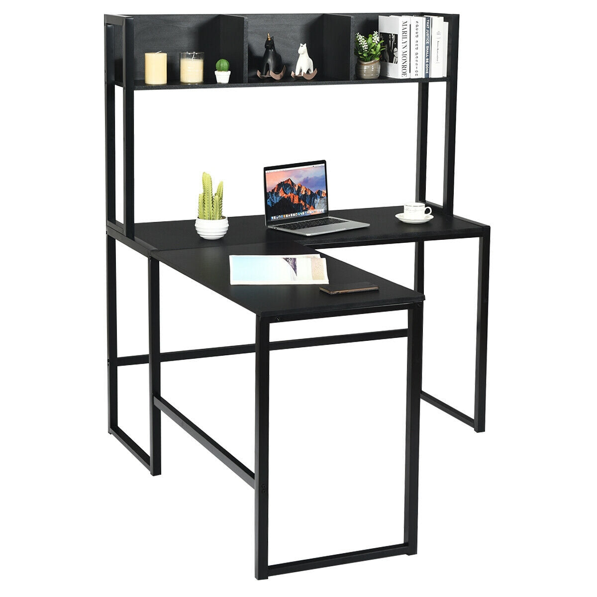 Industrial L-Shaped Desk Bookshelf 55 Inch Corner Computer Gaming Table, Black L-Shaped Desks at Gallery Canada