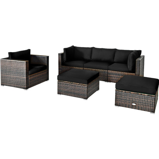 6 Pieces Patio Rattan Furniture Set with Sectional Cushion, Black - Gallery Canada
