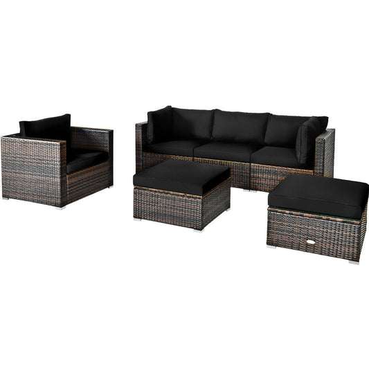 6-Piece Patio Rattan Furniture Set, With Sectional Cushion, Black